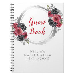 Caderno Espiral Red and Silver Elegant Flowers Sweet Sixteen
