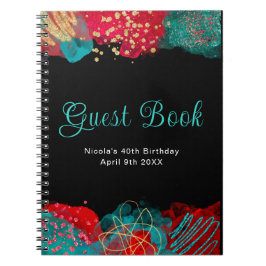 Caderno Espiral Red and Teal Blue Alcohol Ink Birthday Guest Book
