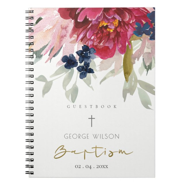 Caderno Espiral Red Burgundy Blush Blue Floral Baptism Guestbook (Frente)
