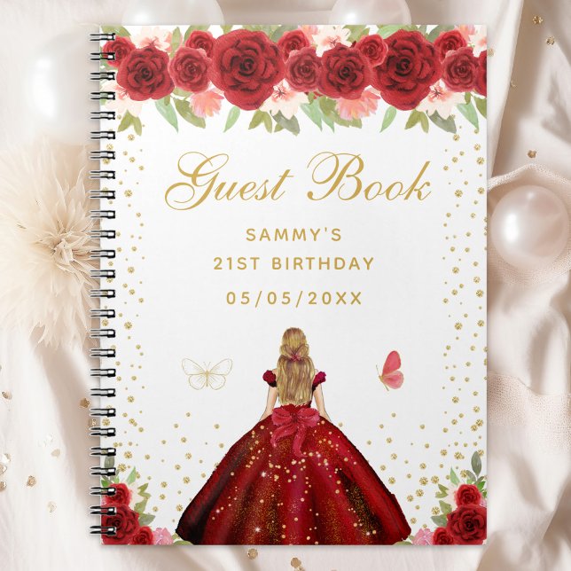 Caderno Espiral Red Floral Blondres Hair Princess Livro Convidado (Criador carregado)