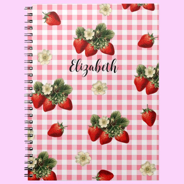 Caderno Espiral Red Gingham Strawberry Nome Personalizado (Criador carregado)
