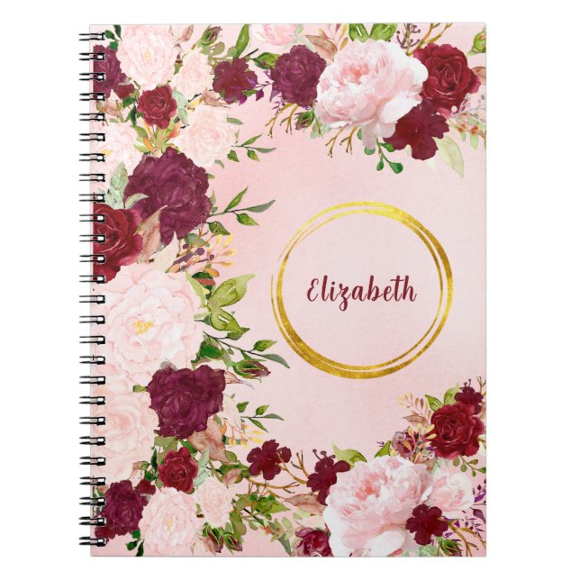 Caderno Espiral Red & Pink Roses with Golden Circle Personalized (Frente)