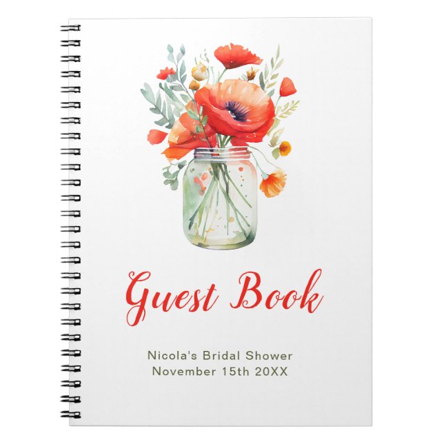 Caderno Espiral Red Poppies Mason Jar Bridal Shower Guest Book (Frente)