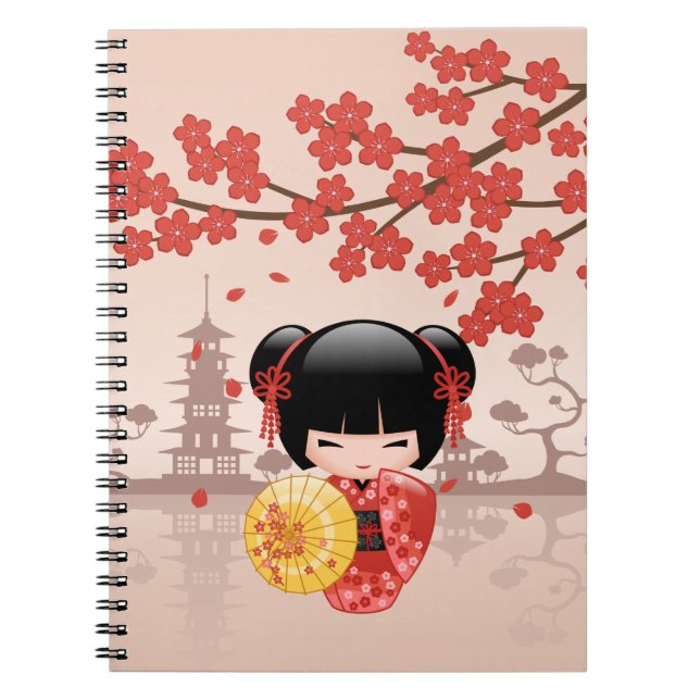 Caderno Espiral Red Sakura Kokeshi Doll - Geisha Japonês (Frente)