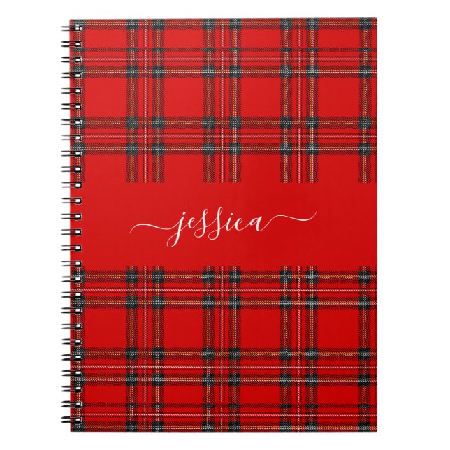 Caderno Espiral Red tartan plaid script name binder (Frente)
