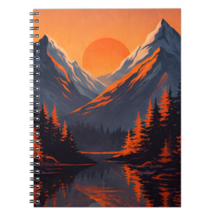 Caderno Espiral Reflexo do Pôr do Sol na Montanha com Céu Laranja