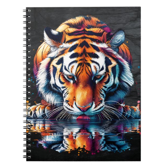 Caderno Espiral Reflexo do Tigre Bebendo Água (Frente)