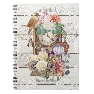 Caderno Espiral Relógio antigo rústico moderno arte francesa Selos