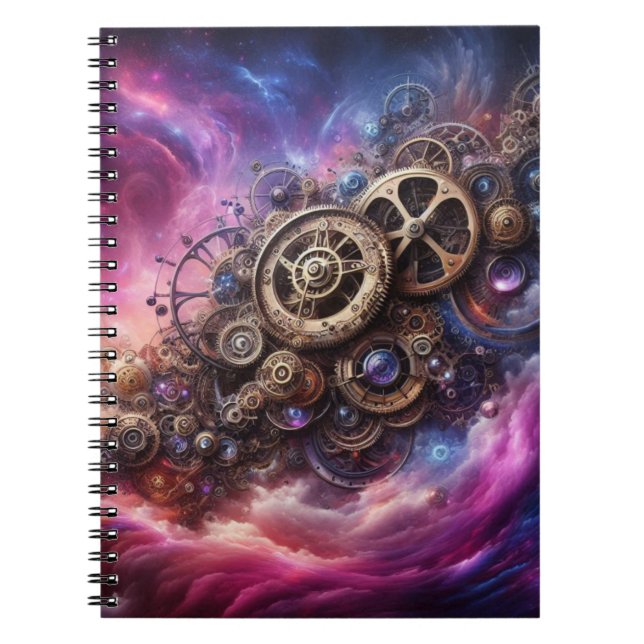 Caderno Espiral Relógio Industrial Steampunk Roxo e Rosa (Frente)