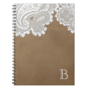 Caderno Espiral Renda Branca & Marrom Elegante Charme Rústico