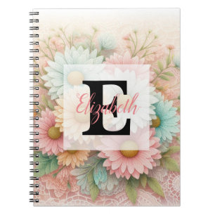 Caderno Espiral Renda monograma floral rosas brancas margaridas az