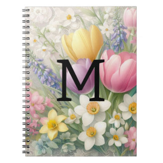 Caderno Espiral Renda monograma floral tulipas narcisos pastel ros