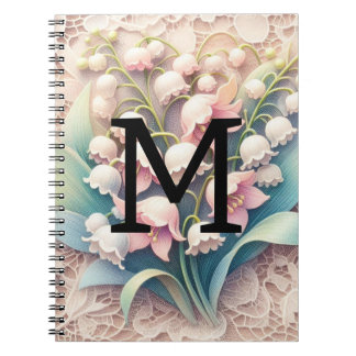 Caderno Espiral Renda monograma lírios brancos das flores do vale 