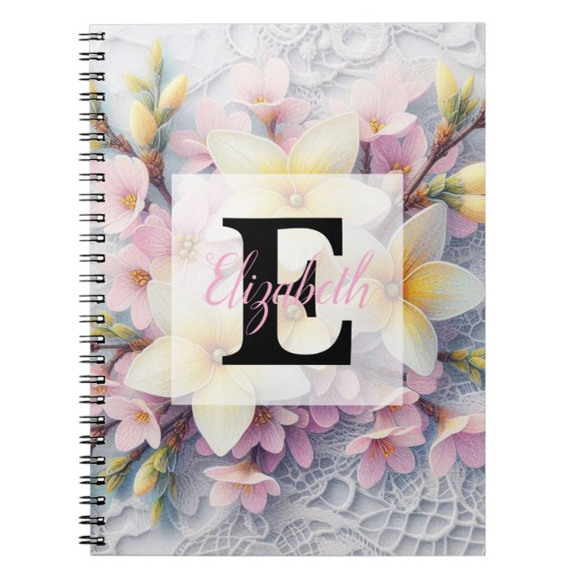 Caderno Espiral Renda monograma rosa e amarelo flores da Primavera (Frente)