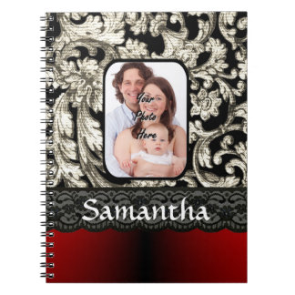 Caderno Espiral rendas pretas e damasco