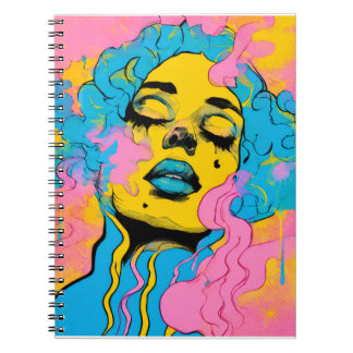 Caderno Espiral Retrato Colorido de Mulher Psicodélica Impressão d
