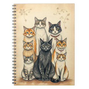 Caderno Espiral Retrato da Família Cat Inspirado na Vintage