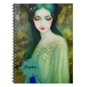 Caderno Espiral Retrato da Mulher Fantasia Elegante em Verde e Azu