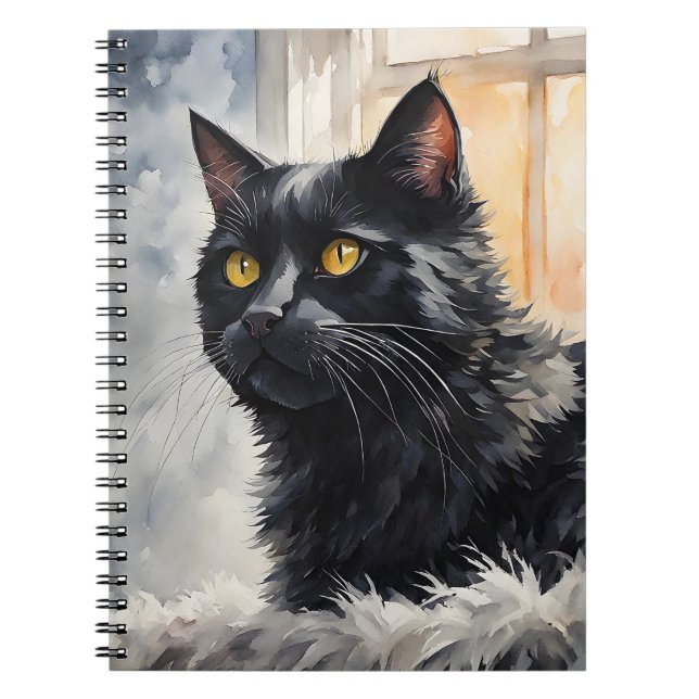 Caderno Espiral Retrato de Aquarela de Pinças de Gato Preto (Frente)