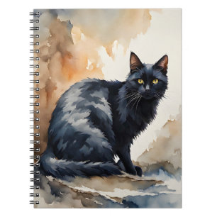 Caderno Espiral Retrato de Aquarela de Pose Negra de Gato
