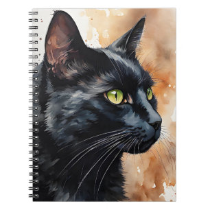 Caderno Espiral Retrato de Aquarela do Perfil de Gato Preto