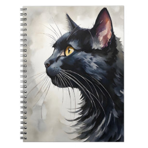 Caderno Espiral Retrato de Aquarela do Perfil de Gato Preto