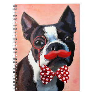 Caderno Espiral Retrato de Boston Terrier com Arco Vermelho e 2