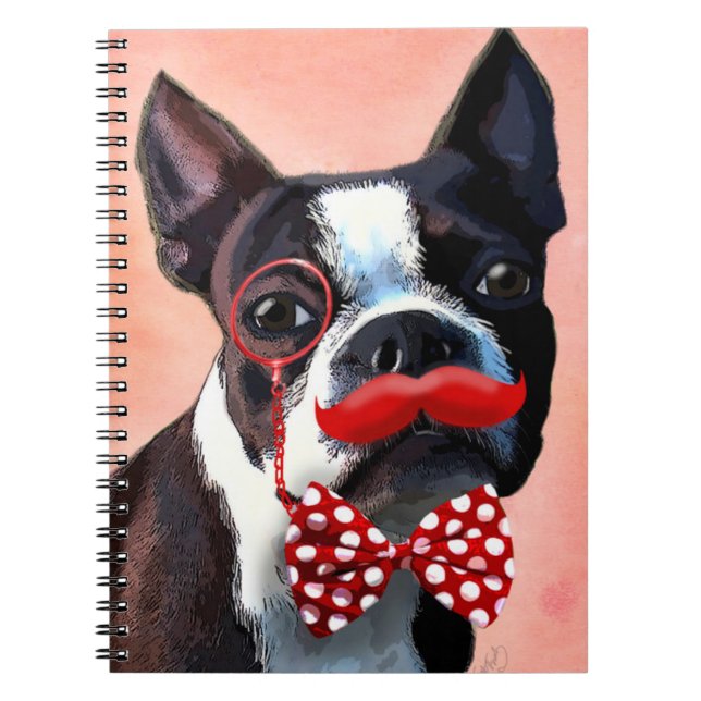 Caderno Espiral Retrato de Boston Terrier com gravata de Arco verm (Frente)