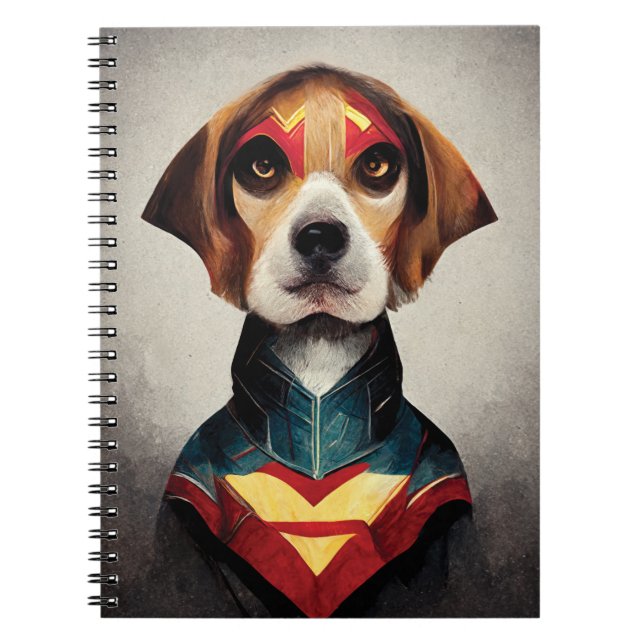 Caderno Espiral Retrato de Cachorro Super-Herói | Beagle (Frente)