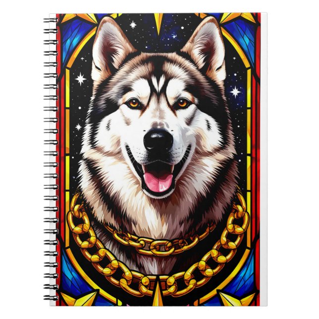 Caderno Espiral Retrato de Husky Real com Corrente de Ouro (Frente)