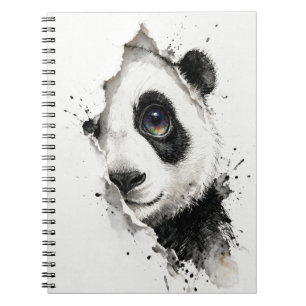 Caderno Espiral Retrato de Panda em Tinta e Aquarela Arco-Íris