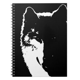 Caderno Espiral Retrato do Lobo Negro e Branco no Notebook Noturno