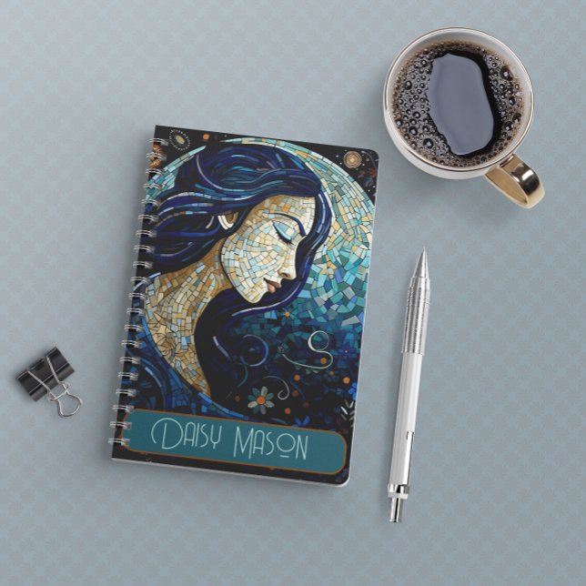 Caderno Espiral Retrato do mosaico azul personalizado (Criador carregado)