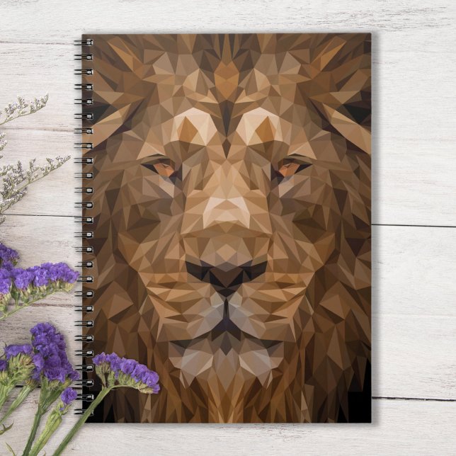 Caderno Espiral Retrato Geométrico Lion (Geometric Lion Notebook on White Wooden Tabletop with Purple Flowers)