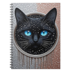 Caderno Espiral Retrato Gótico Moderno de Gato Preto com Olhos Azu
