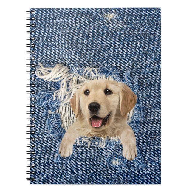 Caderno Espiral Retriever de ouro no Buraco Denim (Frente)