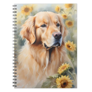 Caderno Espiral Retriever e girassol do Ouro de pintura a aquarela