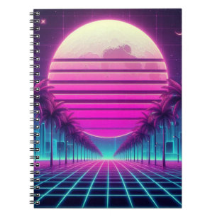 Caderno Espiral retrô, 80 anos lua neon/palmas