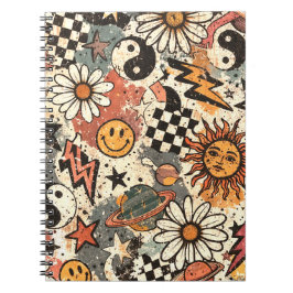 Caderno Espiral Retro 90s Psychedelic Doodle Pattern with Yin Yang