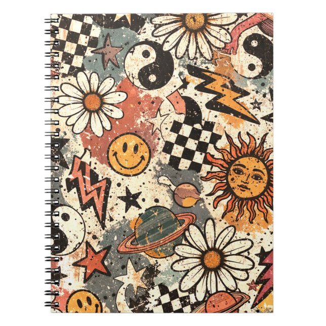 Caderno Espiral Retro 90s Psychedelic Doodle Pattern with Yin Yang (Frente)