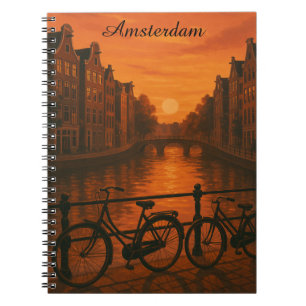 Caderno Espiral Retro Amsterdam Netherlands Grachten Sunset Glow
