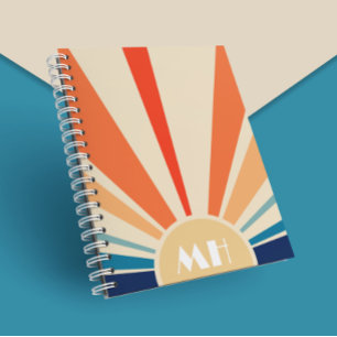 Caderno Espiral Retro Anos 70 Starburst Sunrise Listras Monograma 