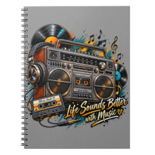 Caderno Espiral Retro Boombox "A Vida Soa Melhor Com Música"