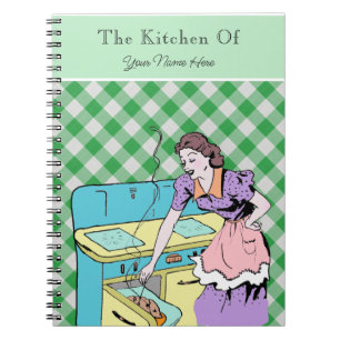 Caderno Espiral Retro Cookbook Green Plaid Check Recipe Wife