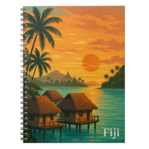 Caderno Espiral Retro Fiji Tropical Ocean Bungalows Sunset View