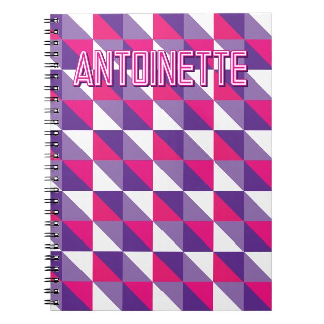 Caderno Espiral Retro Geometric Abstract Pink Purple & White Name (Frente)