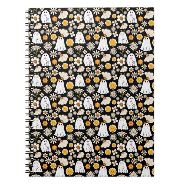 Caderno Espiral Retro Ghost Flowers Halloween Seamless Pattern (Frente)