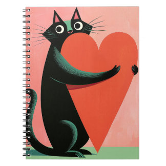 Caderno Espiral Retro Meados do Século Gato Preto Coração Fofo
