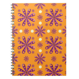 Caderno Espiral Retro Purple Flowers on Orange Background