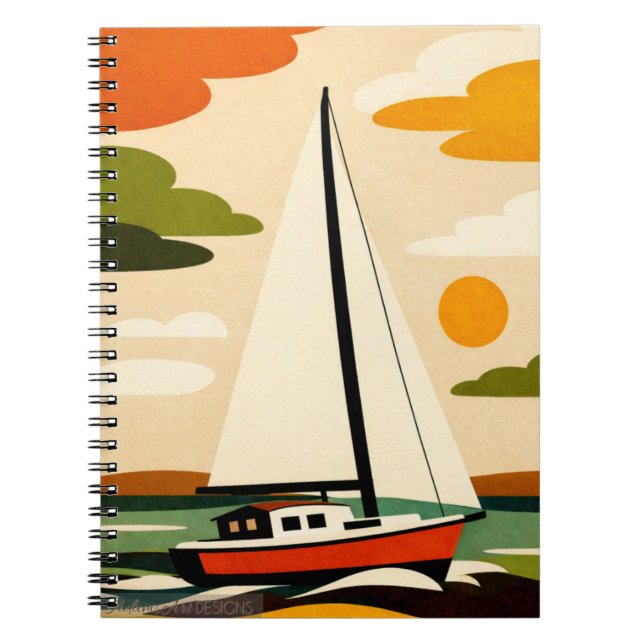 Caderno Espiral Retro Sailboat Sunset Illustration (Frente)